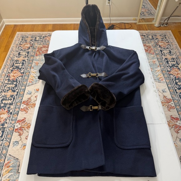 Ashley Scott navy hooded duffle coat faux fur trim wool blend made in usa - Picture 8 of 13